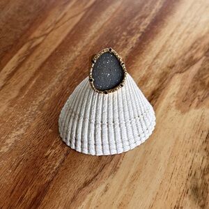 24K Gold Double Dipped Druzy Quartz Ring with black CZ stones around it.